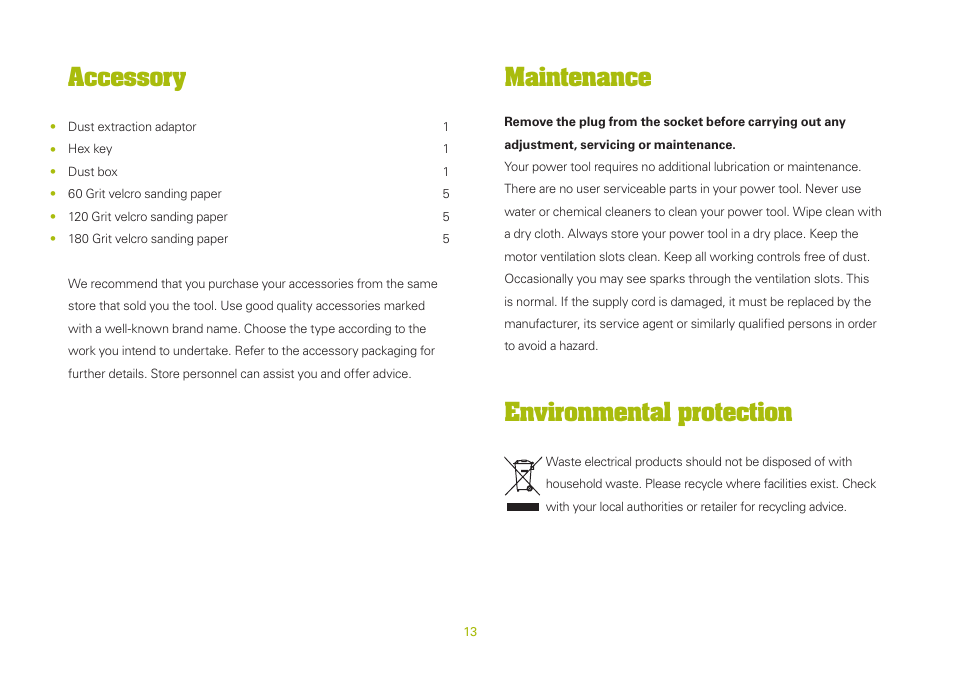 Accessory, Maintenance, Environmental protection | WORX WU654 400W vibrafree Rotary Sander 150mm 240V User Manual | Page 13 / 16