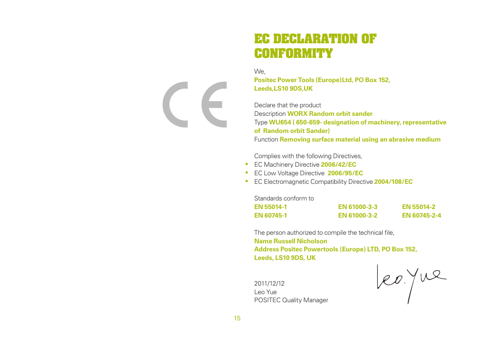 Ec declaration of conformity | WORX WU654 400W vibrafree Rotary Sander 150mm 240V User Manual | Page 15 / 16