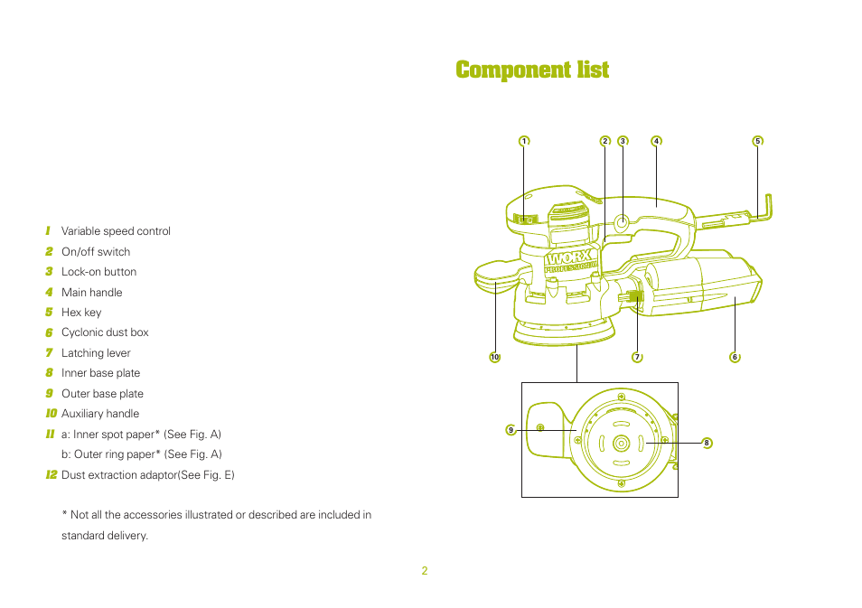 Component list | WORX WU654 400W vibrafree Rotary Sander 150mm 240V User Manual | Page 2 / 16