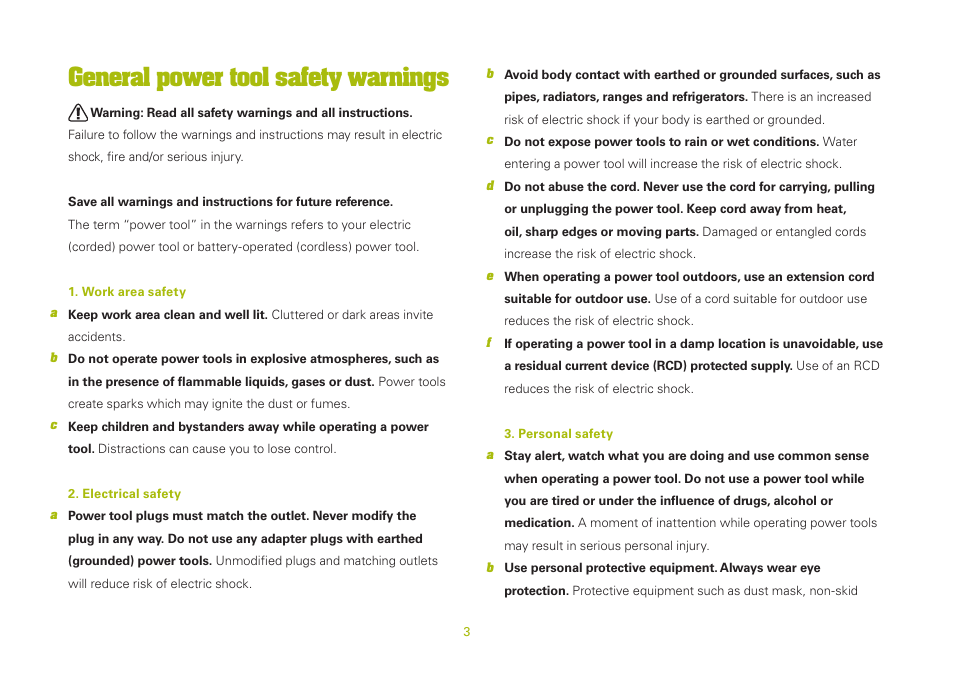 General power tool safety warnings | WORX WU654 400W vibrafree Rotary Sander 150mm 240V User Manual | Page 3 / 16