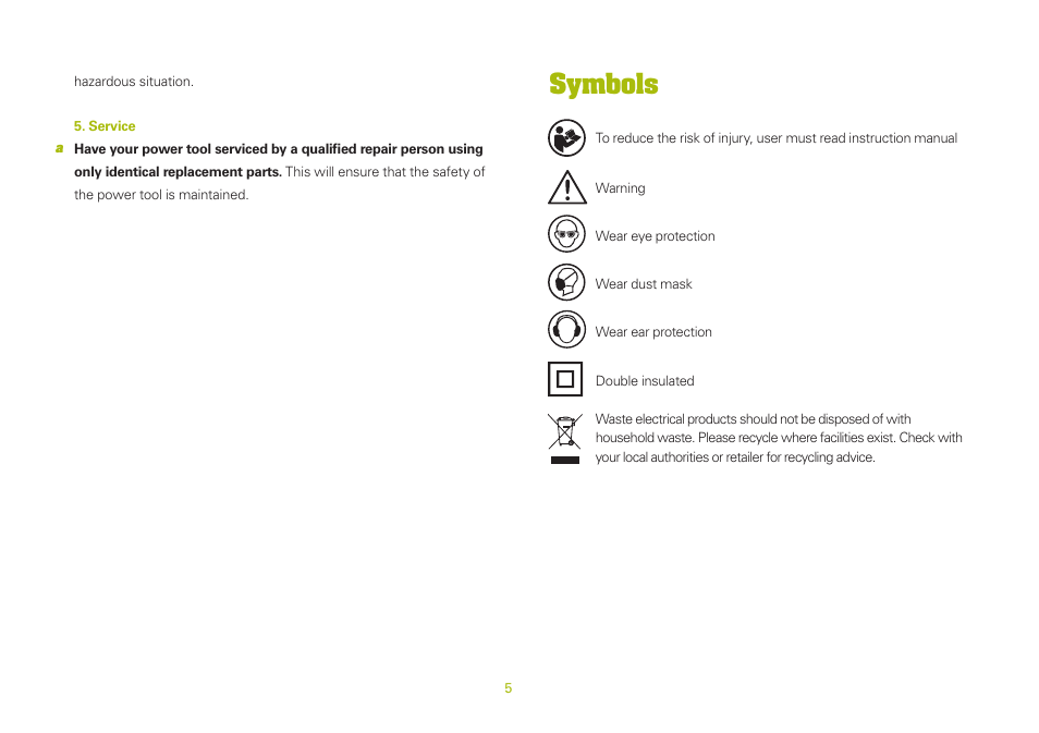 Symbols | WORX WU654 400W vibrafree Rotary Sander 150mm 240V User Manual | Page 5 / 16