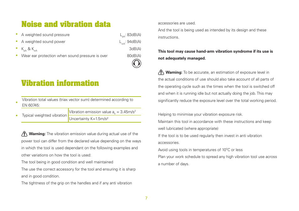 Noise and vibration data, Vibration information | WORX WU654 400W vibrafree Rotary Sander 150mm 240V User Manual | Page 7 / 16