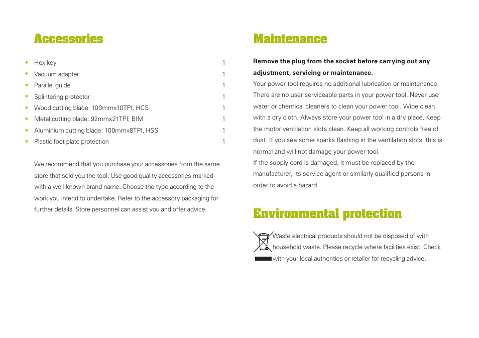 Maintenance, Environmental protection, Accessories | WORX WU469 600W Contour Jigsaw 240V User Manual | Page 17 / 20