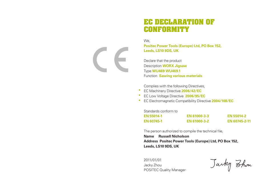 Ec declaration of conformity | WORX WU469 600W Contour Jigsaw 240V User Manual | Page 19 / 20