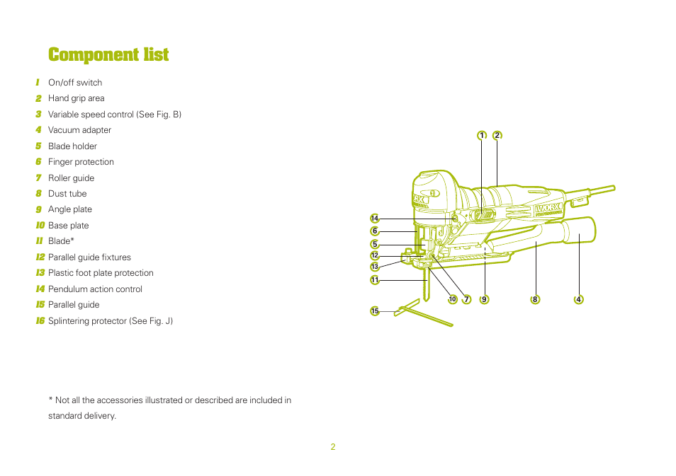 Component list | WORX WU469 600W Contour Jigsaw 240V User Manual | Page 2 / 20