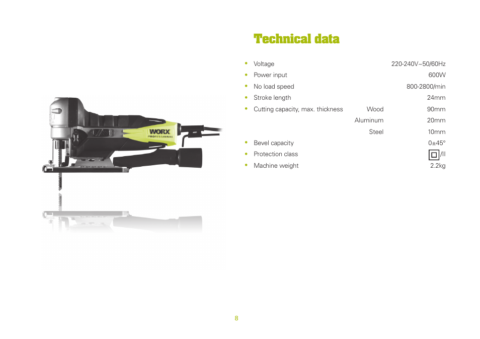 Technical data | WORX WU469 600W Contour Jigsaw 240V User Manual | Page 8 / 20