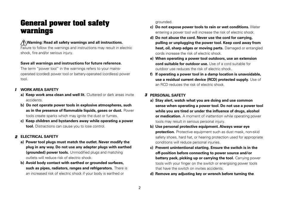 General power tool safety warnings | WORX WU303.1 900W Hammer Drill 240V. 2 Speed 13mm Keyless Chuck User Manual | Page 2 / 12