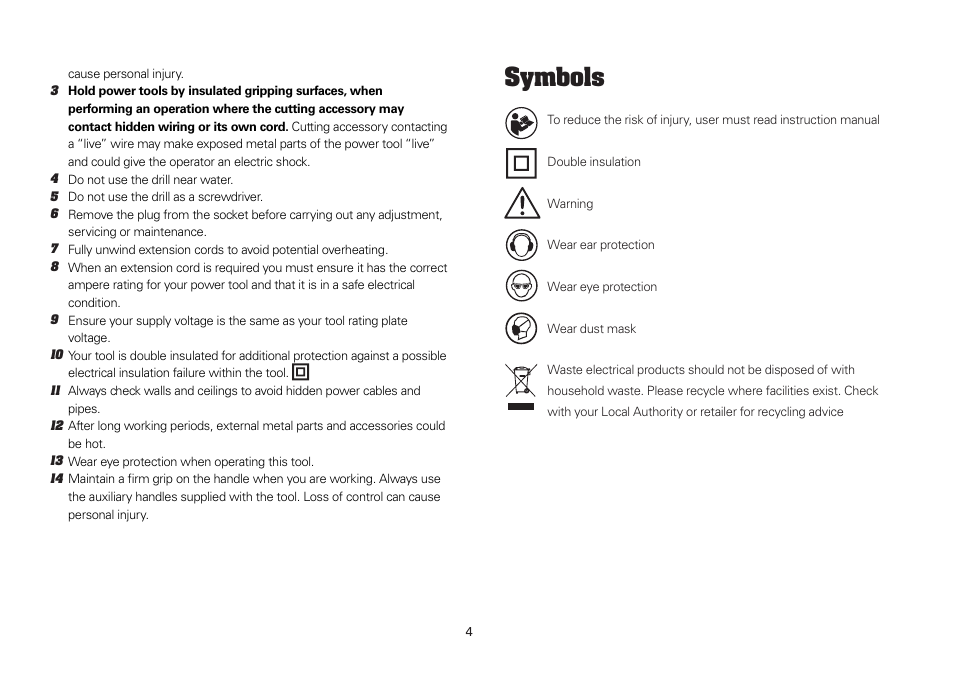 Symbols | WORX WU303.1 900W Hammer Drill 240V. 2 Speed 13mm Keyless Chuck User Manual | Page 4 / 12