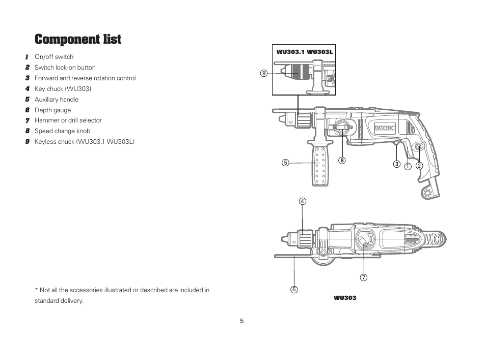 Component list | WORX WU303.1 900W Hammer Drill 240V. 2 Speed 13mm Keyless Chuck User Manual | Page 5 / 12