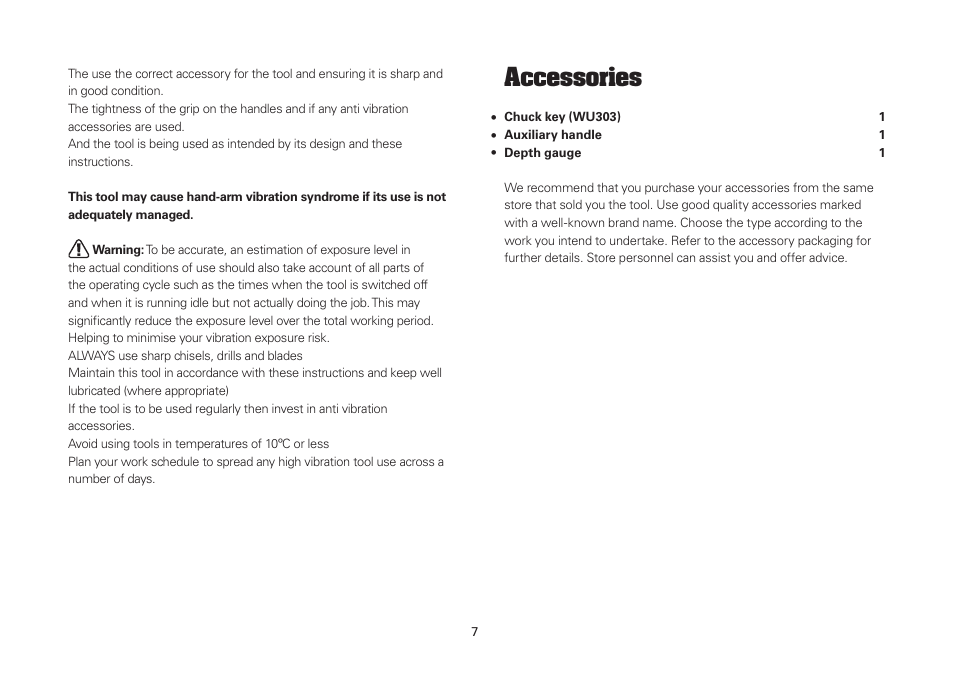 Accessories | WORX WU303.1 900W Hammer Drill 240V. 2 Speed 13mm Keyless Chuck User Manual | Page 7 / 12