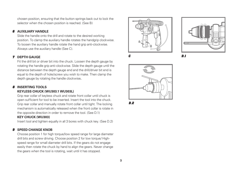 WORX WU303.1 900W Hammer Drill 240V. 2 Speed 13mm Keyless Chuck User Manual | Page 9 / 12