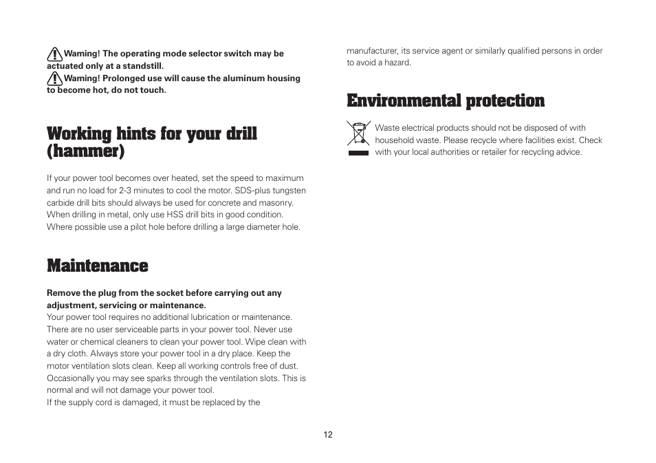 Working hints for your drill (hammer), Maintenance, Environmental protection | WORX WU330 710W SDS Hammer Drill 240V User Manual | Page 12 / 16