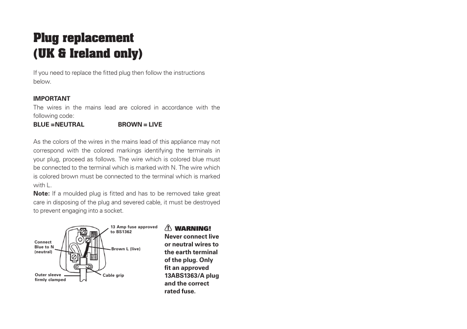 Plug replacement (uk & ireland only) | WORX WU330 710W SDS Hammer Drill 240V User Manual | Page 13 / 16