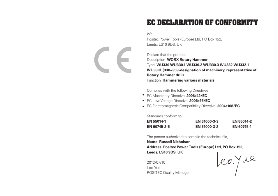 Ec declaration of conformity | WORX WU330 710W SDS Hammer Drill 240V User Manual | Page 14 / 16