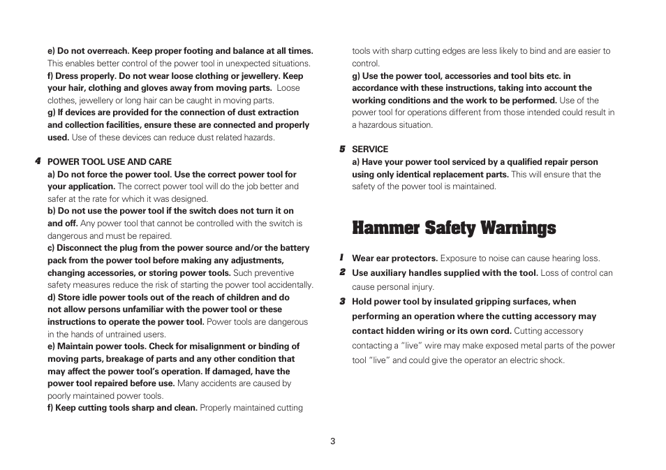 Hammer safety warnings | WORX WU330 710W SDS Hammer Drill 240V User Manual | Page 3 / 16