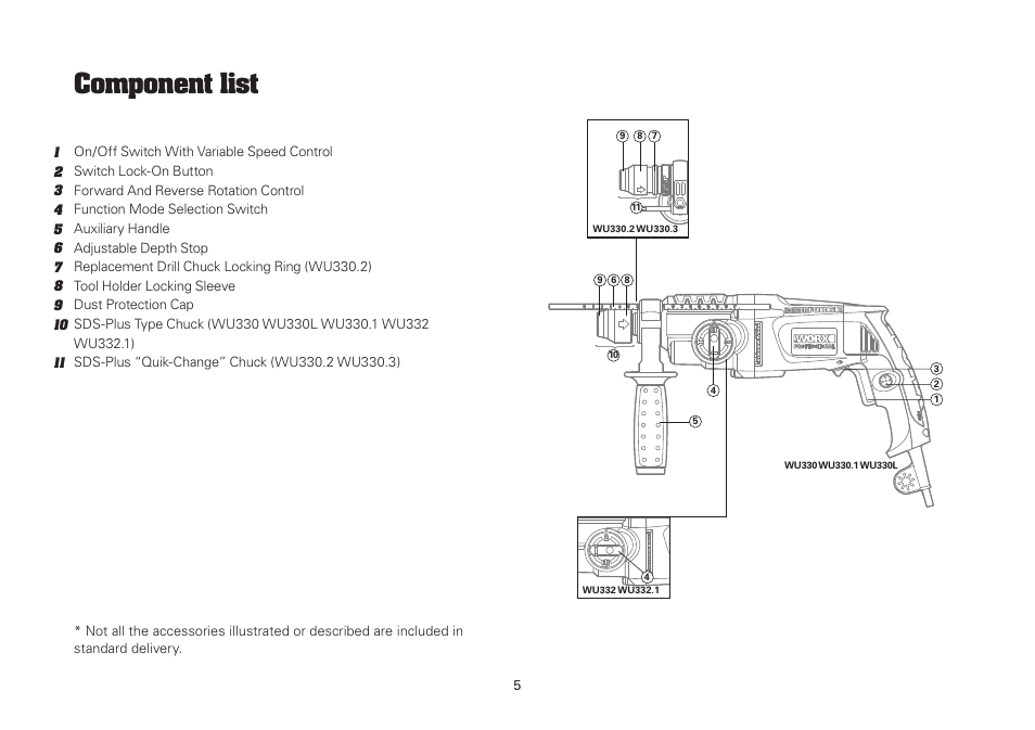 Component list | WORX WU330 710W SDS Hammer Drill 240V User Manual | Page 5 / 16