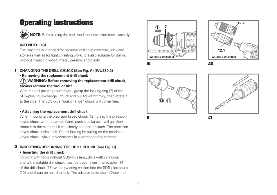 Operating instructions | WORX WU330 710W SDS Hammer Drill 240V User Manual | Page 8 / 16