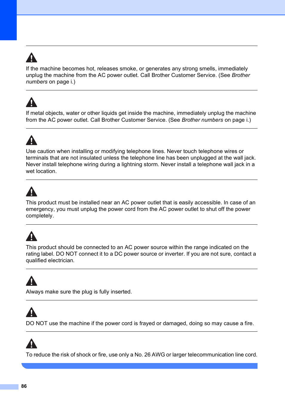 Always make sure the plug is fully inserted | Brother VERSION 0 MFC-250C User Manual | Page 100 / 168