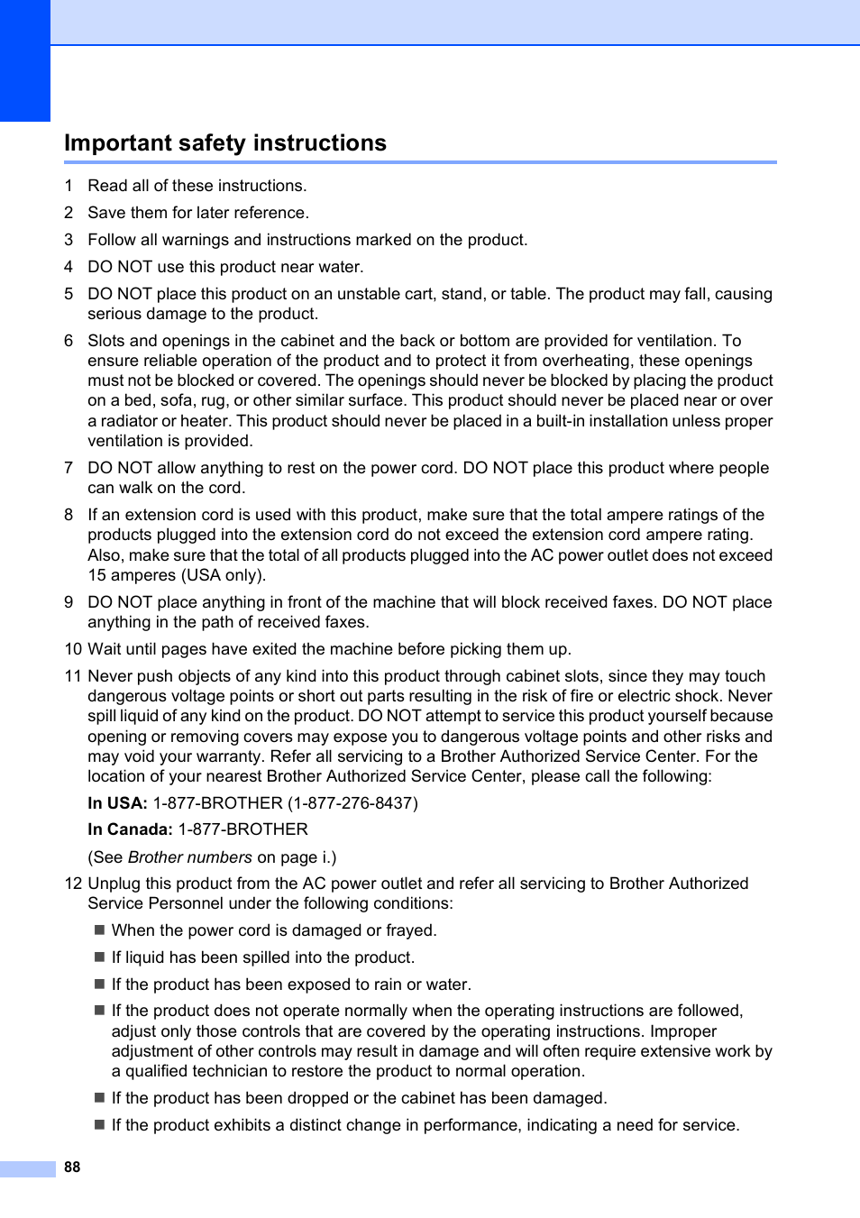 Important safety instructions | Brother VERSION 0 MFC-250C User Manual | Page 102 / 168