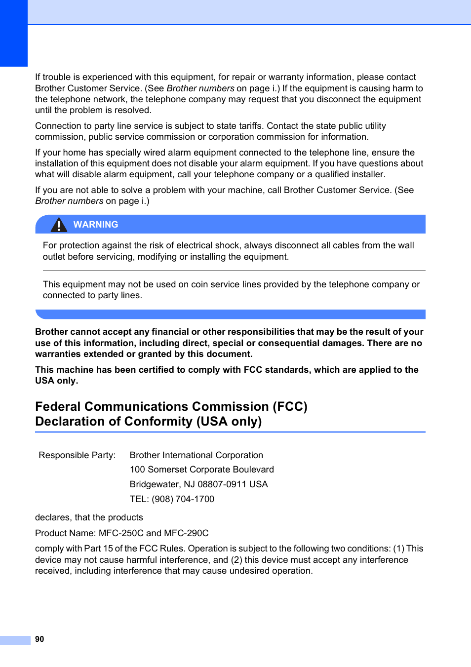 Usa only) | Brother VERSION 0 MFC-250C User Manual | Page 104 / 168