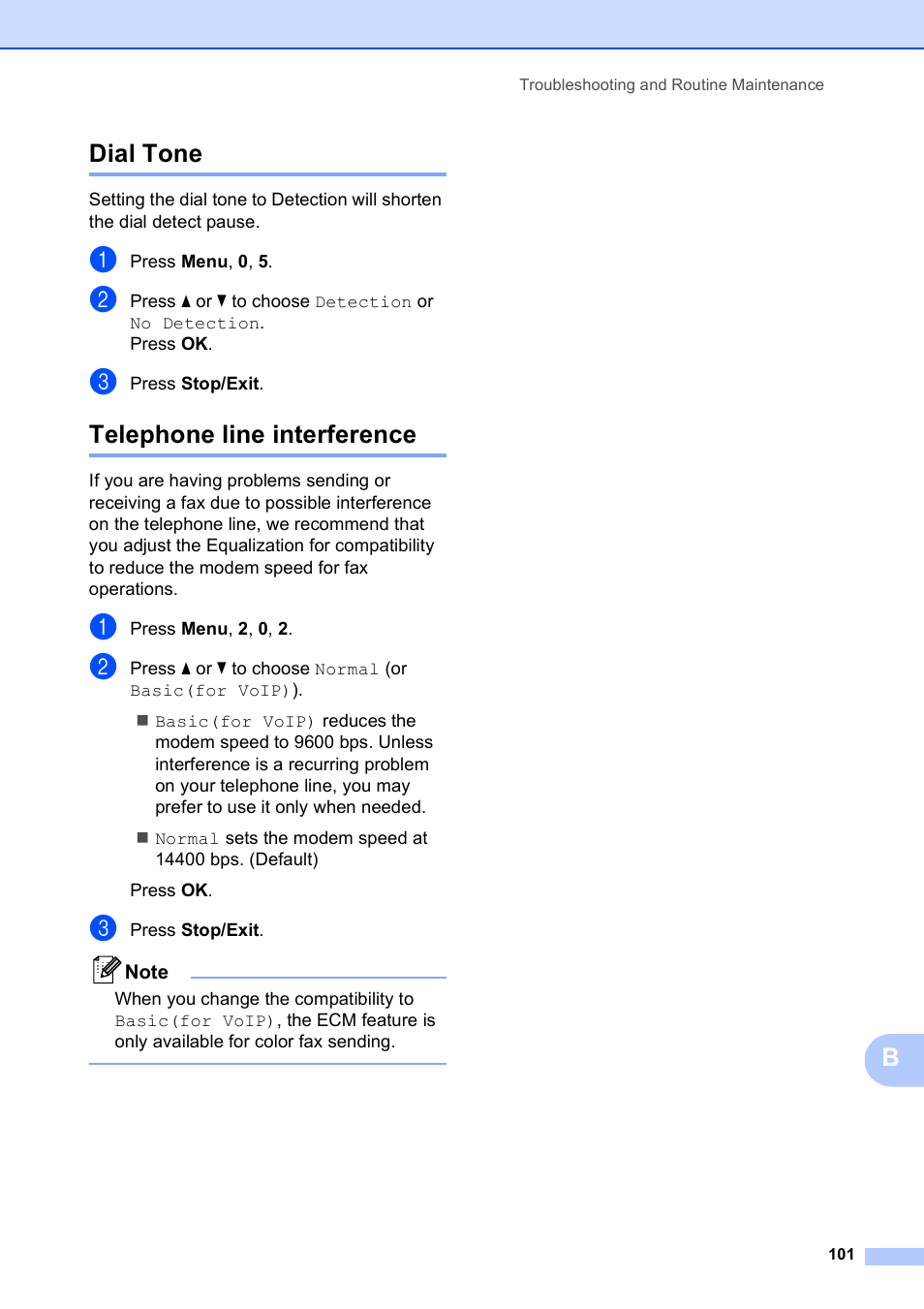Dial tone, Telephone line interference, Dial tone telephone line interference | Bdial tone | Brother VERSION 0 MFC-250C User Manual | Page 115 / 168
