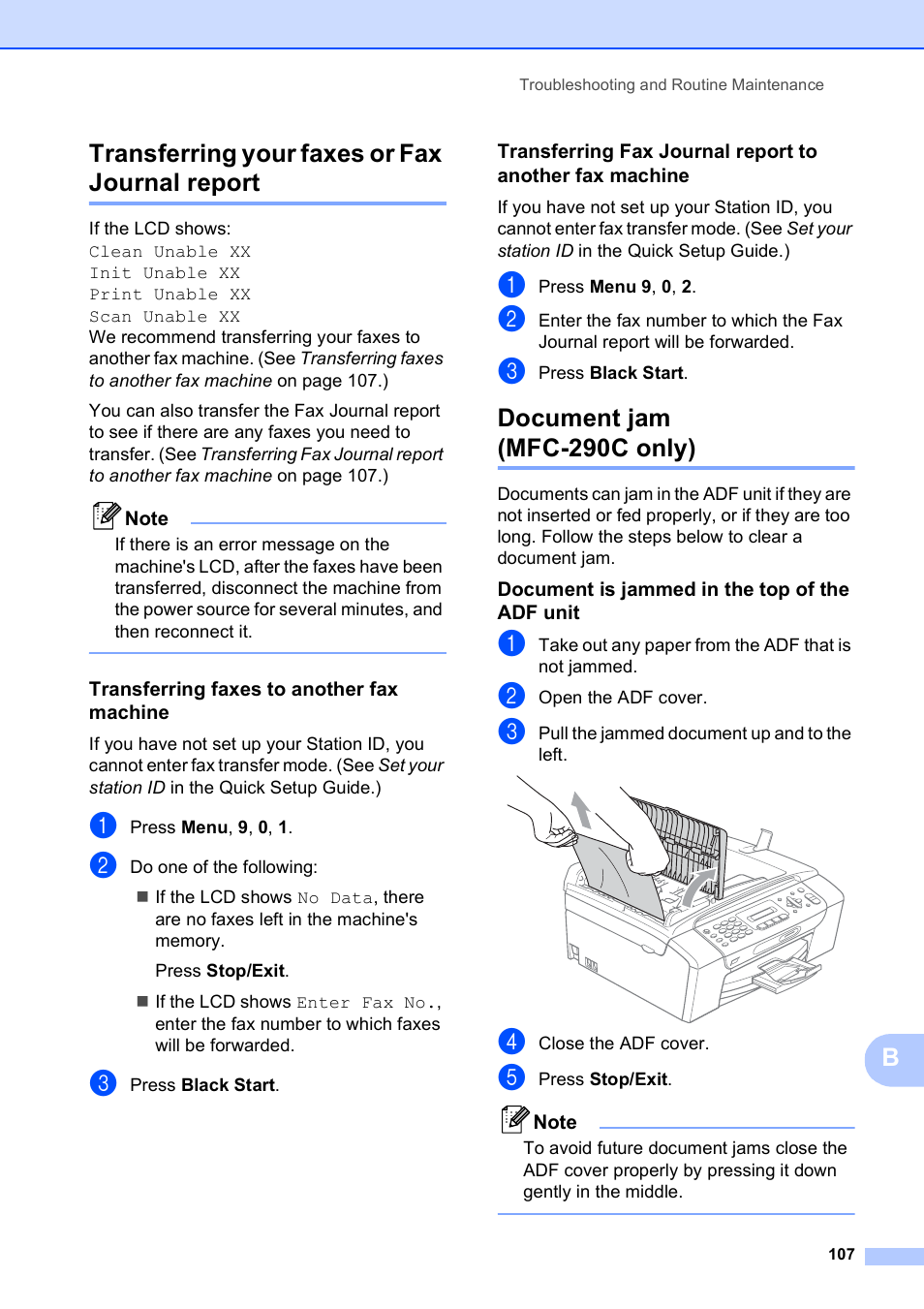 Transferring your faxes or fax journal report, Transferring faxes to another fax machine, Document jam (mfc-290c only) | Document is jammed in the top of the adf unit, Btransferring your faxes or fax journal report | Brother VERSION 0 MFC-250C User Manual | Page 121 / 168