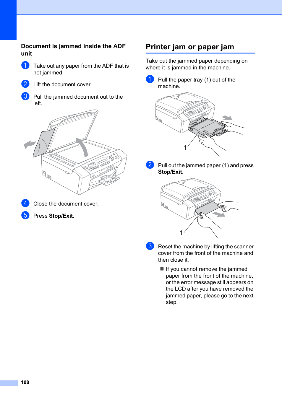 Document is jammed inside the adf unit, Printer jam or paper jam | Brother VERSION 0 MFC-250C User Manual | Page 122 / 168