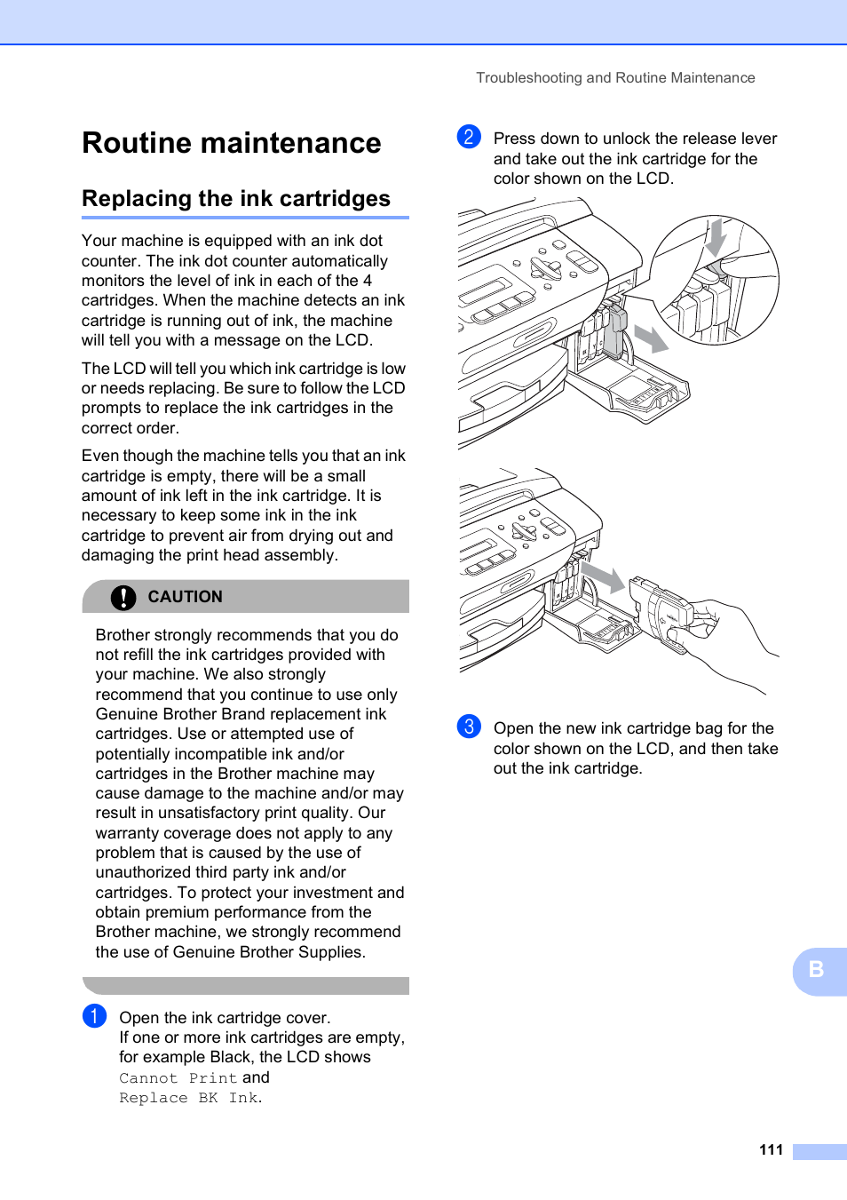 Routine maintenance, Replacing the ink cartridges | Brother VERSION 0 MFC-250C User Manual | Page 125 / 168