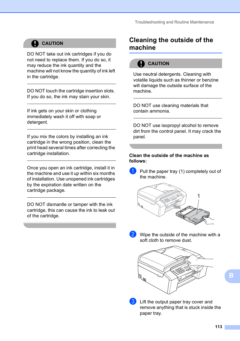 Cleaning the outside of the machine, Caution, Do not use cleaning materials that contain ammonia | Clean the outside of the machine as follows, Troubleshooting and routine maintenance 113 | Brother VERSION 0 MFC-250C User Manual | Page 127 / 168