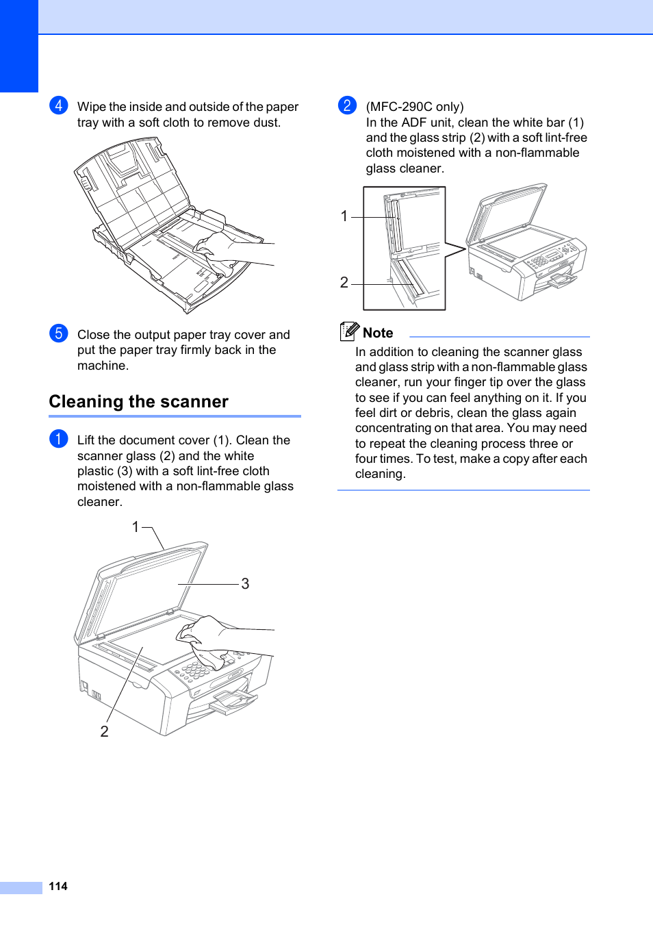 Cleaning the scanner | Brother VERSION 0 MFC-250C User Manual | Page 128 / 168