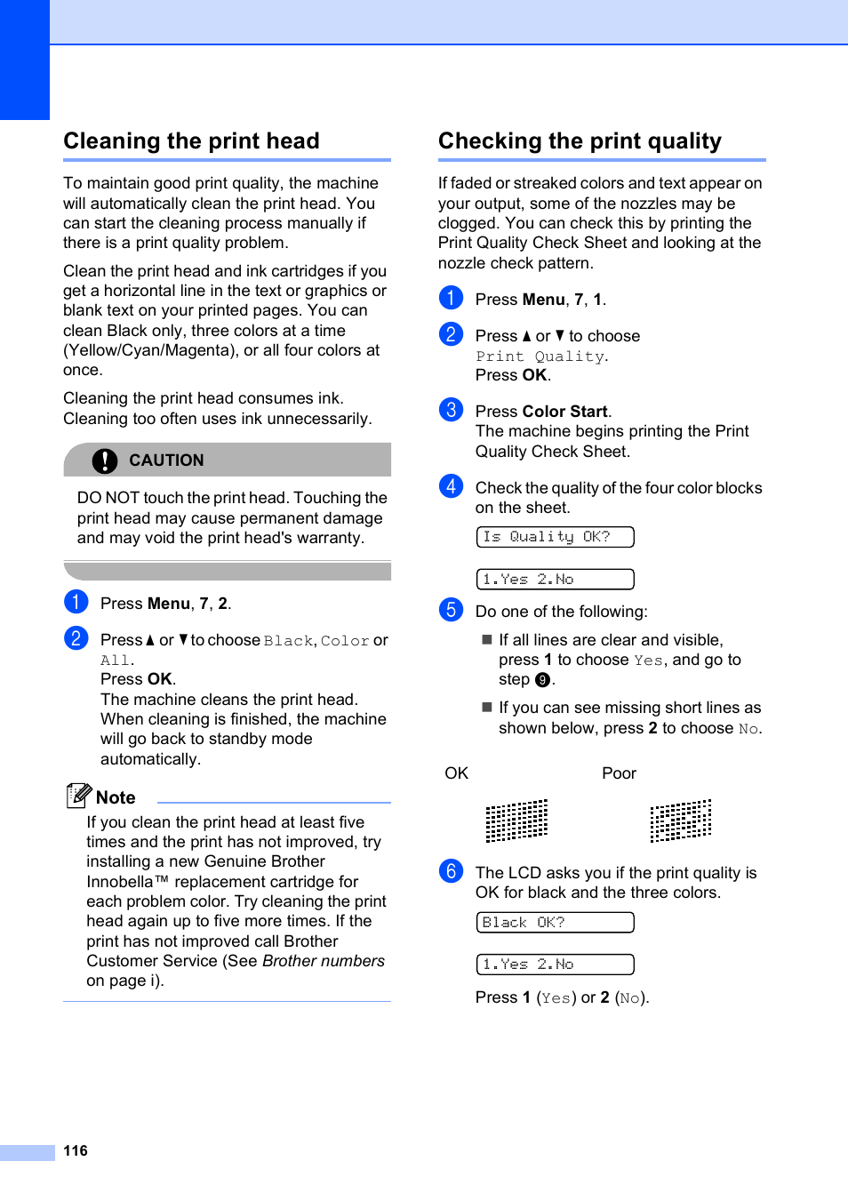 Cleaning the print head, Checking the print quality, Cleaning the print head checking the print quality | Brother VERSION 0 MFC-250C User Manual | Page 130 / 168
