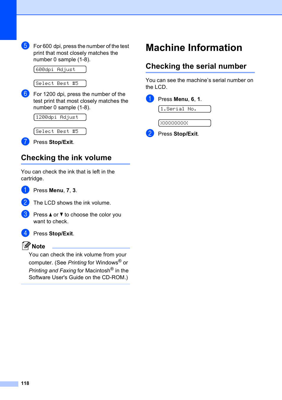 Checking the ink volume, Machine information, Checking the serial number | Brother VERSION 0 MFC-250C User Manual | Page 132 / 168