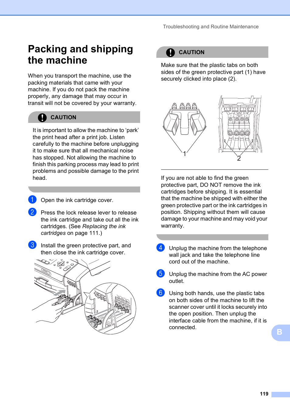 Packing and shipping the machine | Brother VERSION 0 MFC-250C User Manual | Page 133 / 168