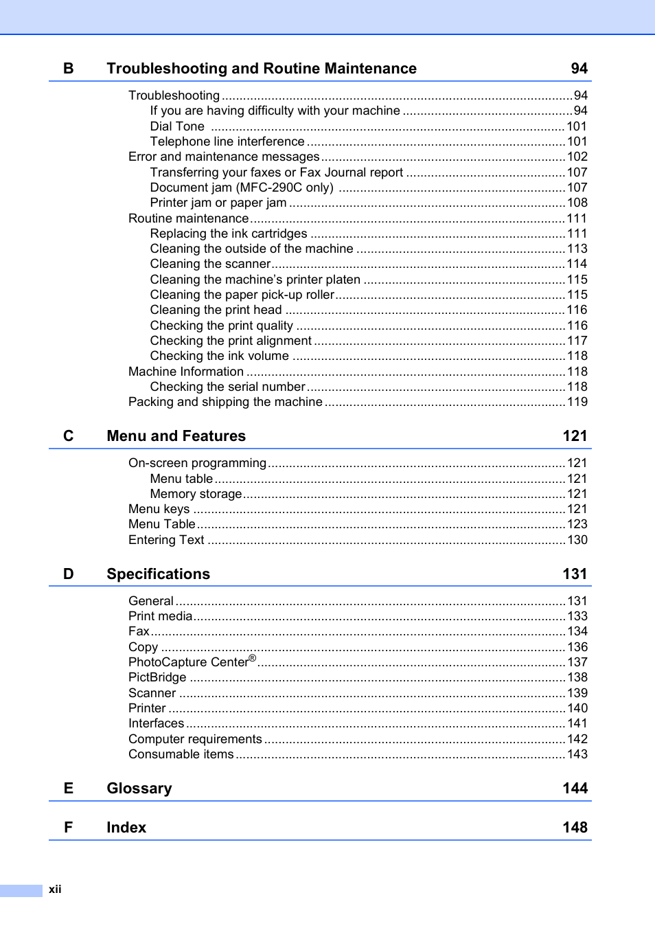 Brother VERSION 0 MFC-250C User Manual | Page 14 / 168