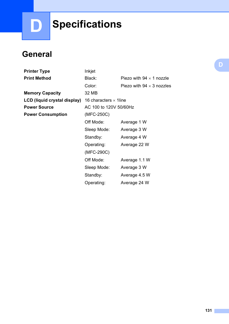 D specifications, General, Specifications | Brother VERSION 0 MFC-250C User Manual | Page 145 / 168