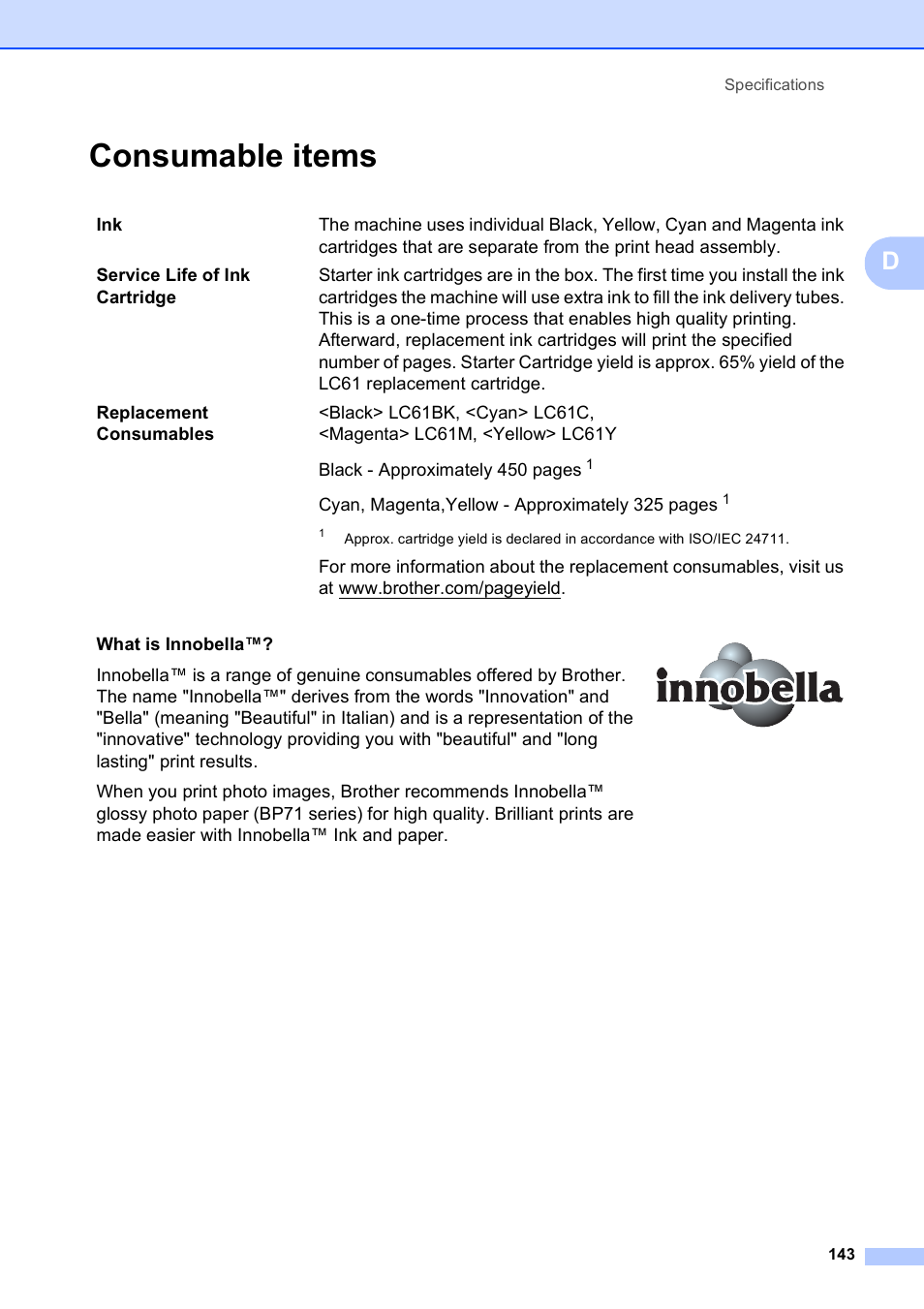 Consumable items | Brother VERSION 0 MFC-250C User Manual | Page 157 / 168