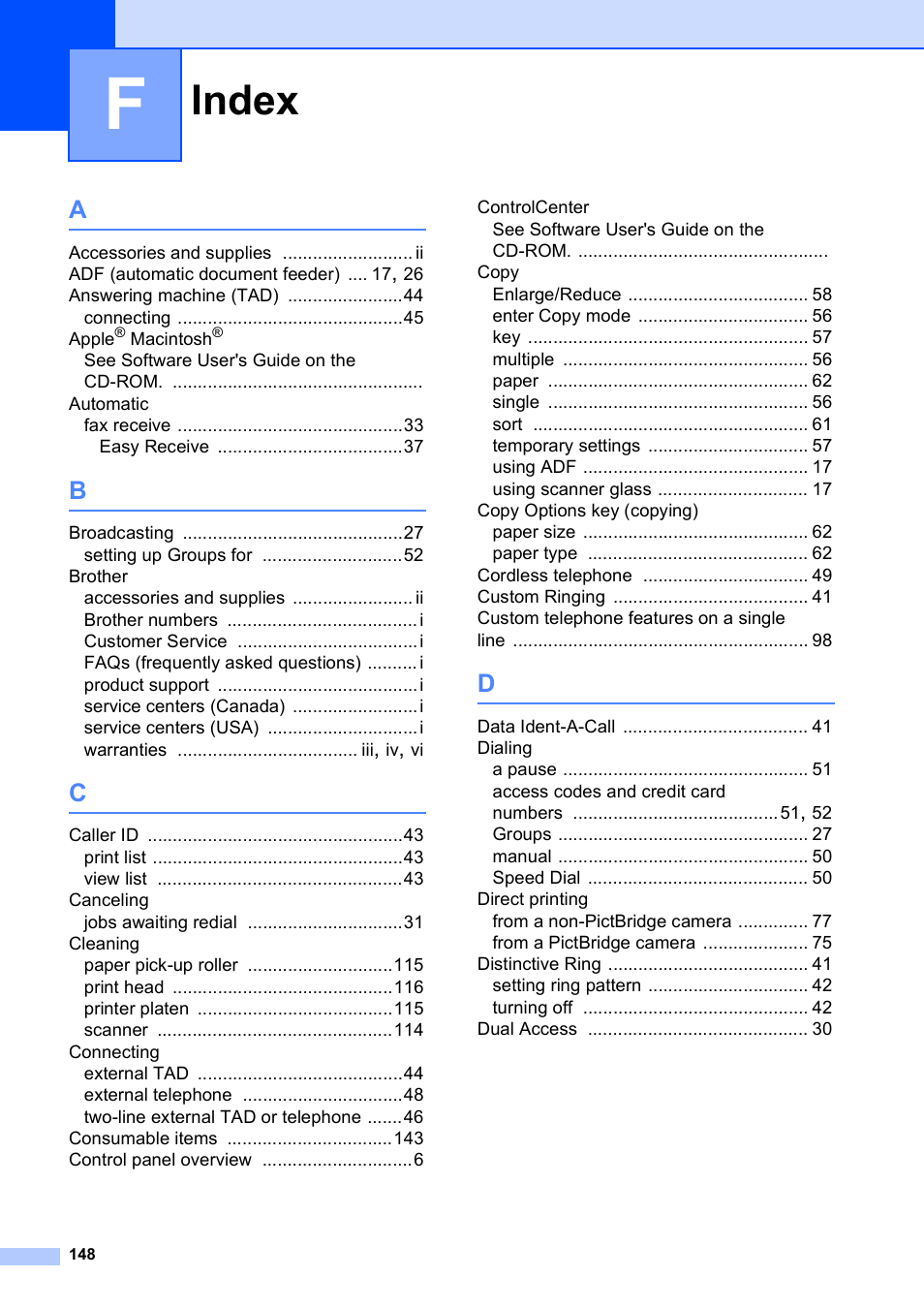 Index | Brother VERSION 0 MFC-250C User Manual | Page 162 / 168