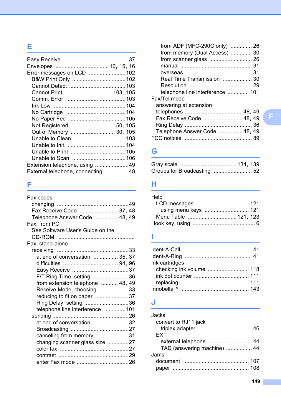 Brother VERSION 0 MFC-250C User Manual | Page 163 / 168