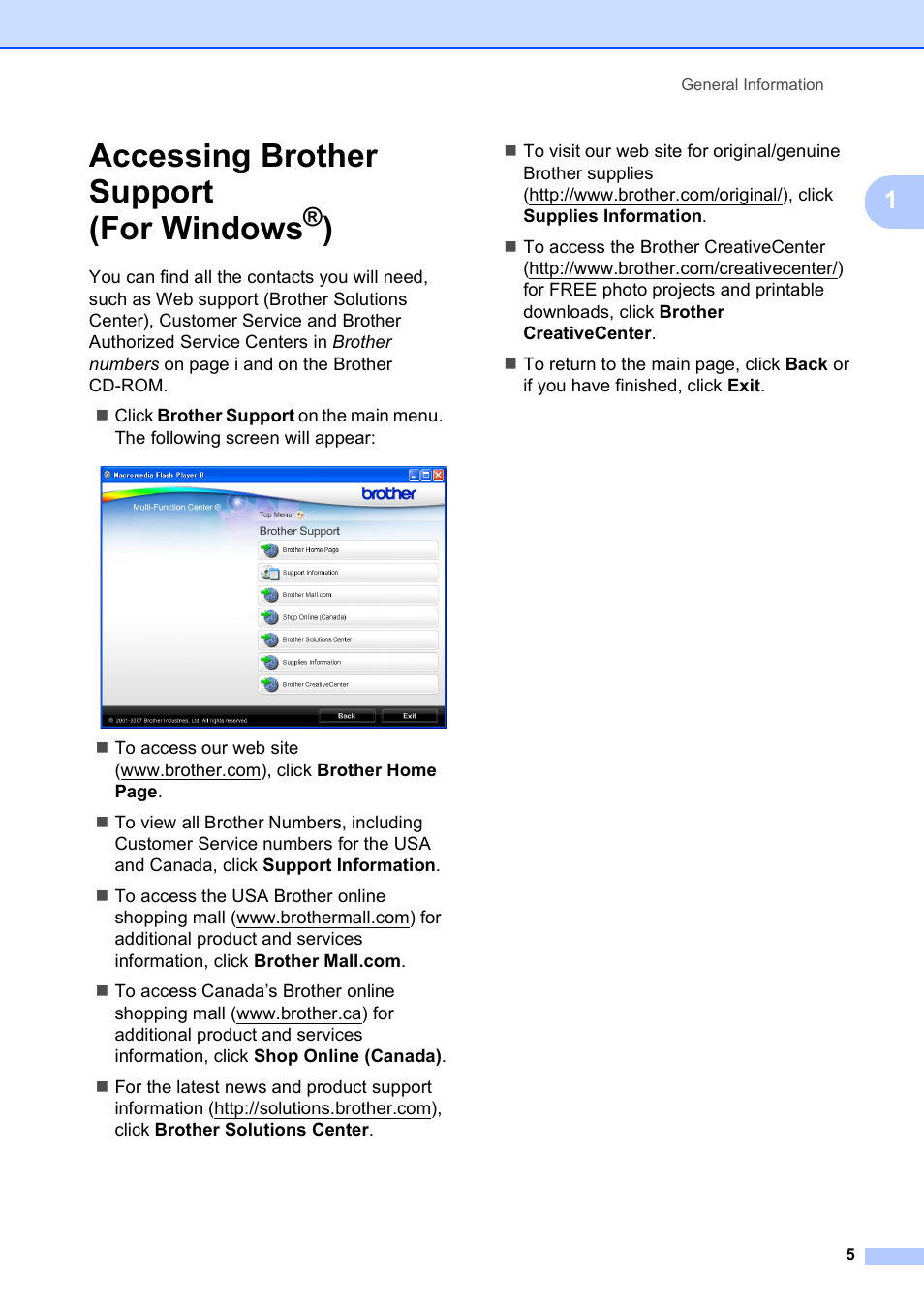 Accessing brother support (for windows®), Accessing brother support (for windows | Brother VERSION 0 MFC-250C User Manual | Page 19 / 168