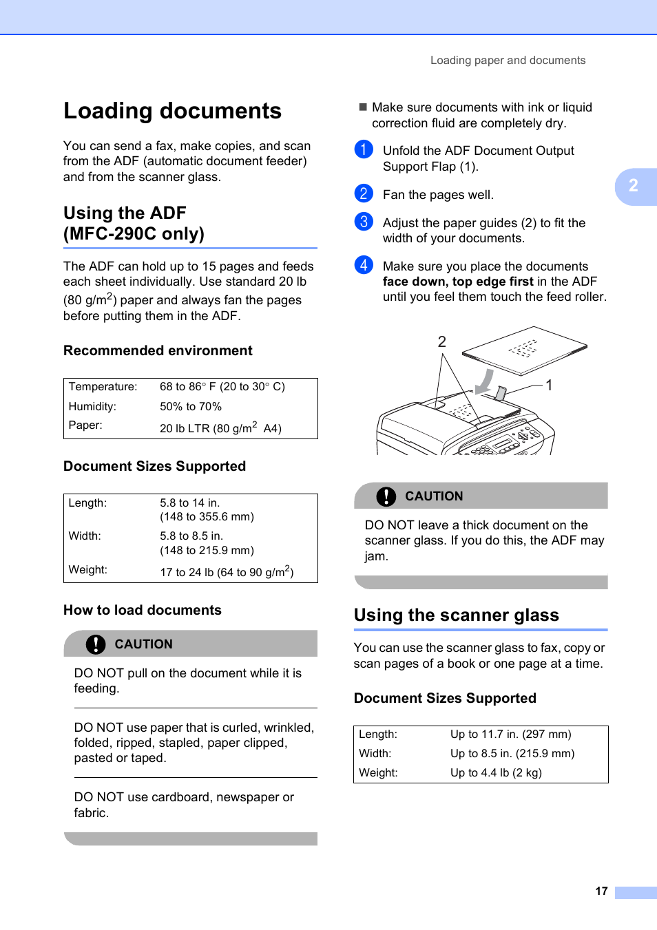 Loading documents, Using the adf (mfc-290c only), Recommended environment | Document sizes supported, How to load documents, Using the scanner glass | Brother VERSION 0 MFC-250C User Manual | Page 31 / 168