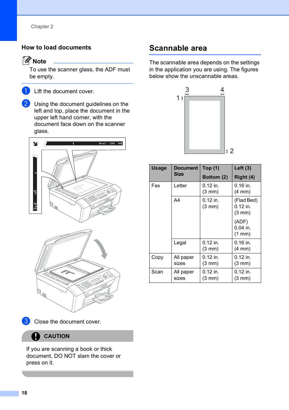 How to load documents, Scannable area | Brother VERSION 0 MFC-250C User Manual | Page 32 / 168