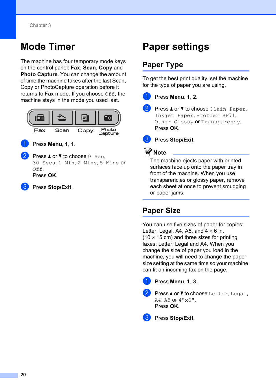 Mode timer, Paper settings, Paper type | Paper size, Mode timer paper settings, Paper type paper size | Brother VERSION 0 MFC-250C User Manual | Page 34 / 168