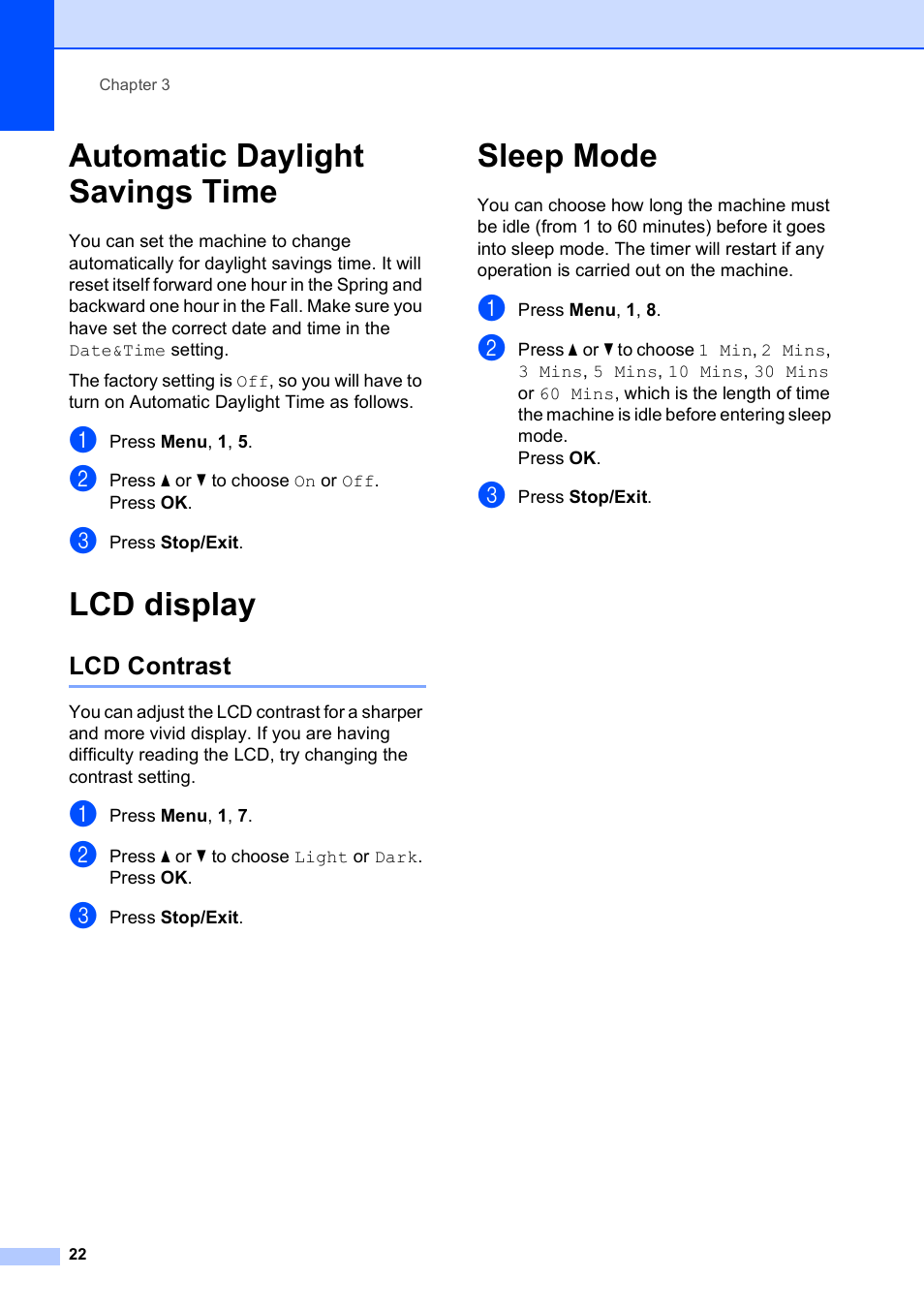 Automatic daylight savings time, Lcd display, Lcd contrast | Sleep mode, Automatic daylight savings time lcd display | Brother VERSION 0 MFC-250C User Manual | Page 36 / 168