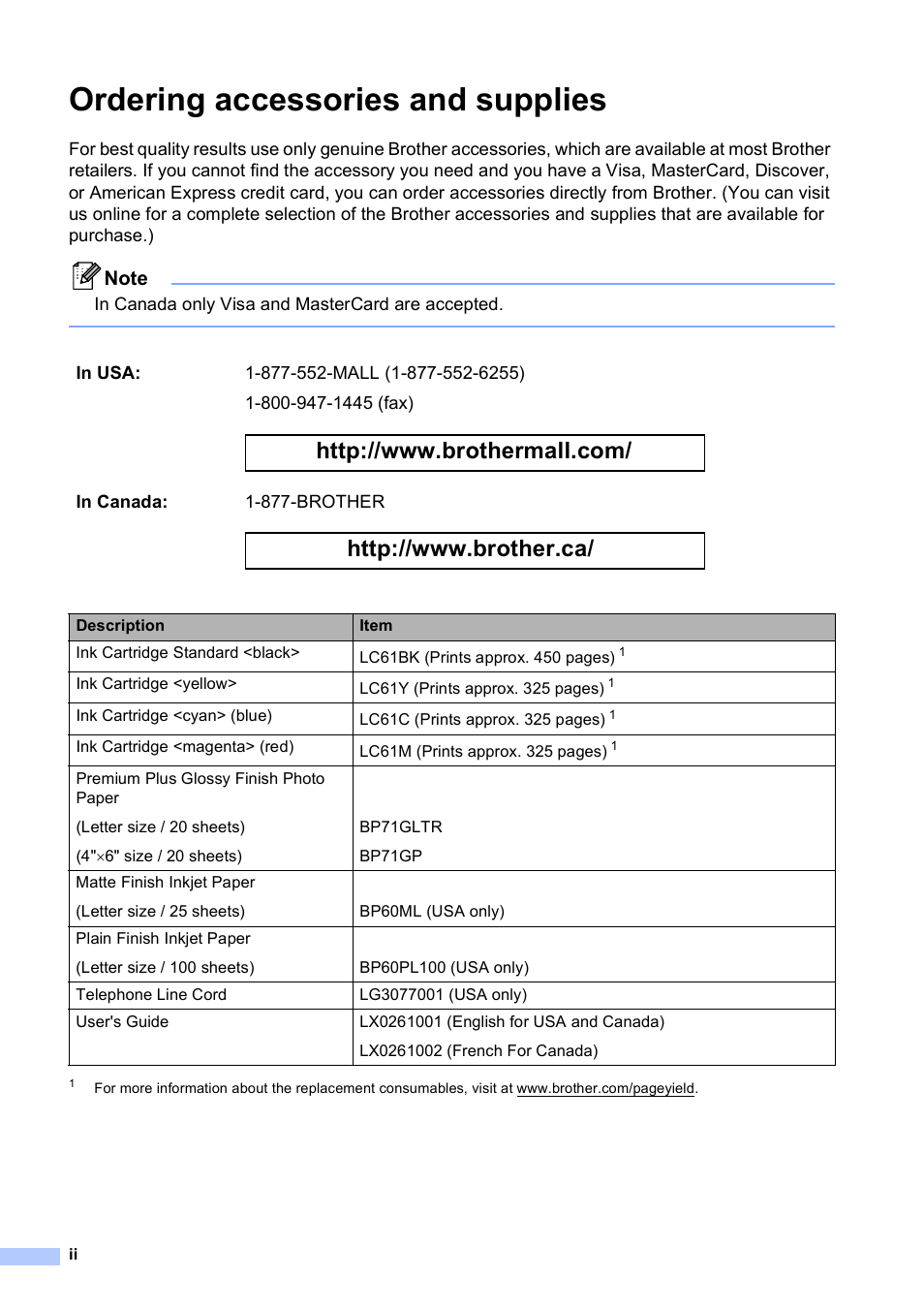 Ordering accessories and supplies | Brother VERSION 0 MFC-250C User Manual | Page 4 / 168