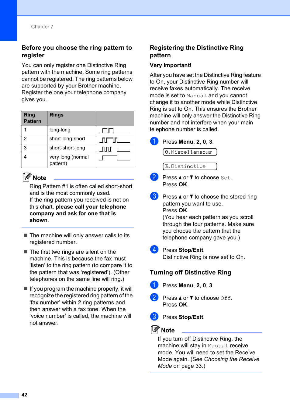 Before you choose the ring pattern to register, Registering the distinctive ring pattern, Turning off distinctive ring | Brother VERSION 0 MFC-250C User Manual | Page 56 / 168