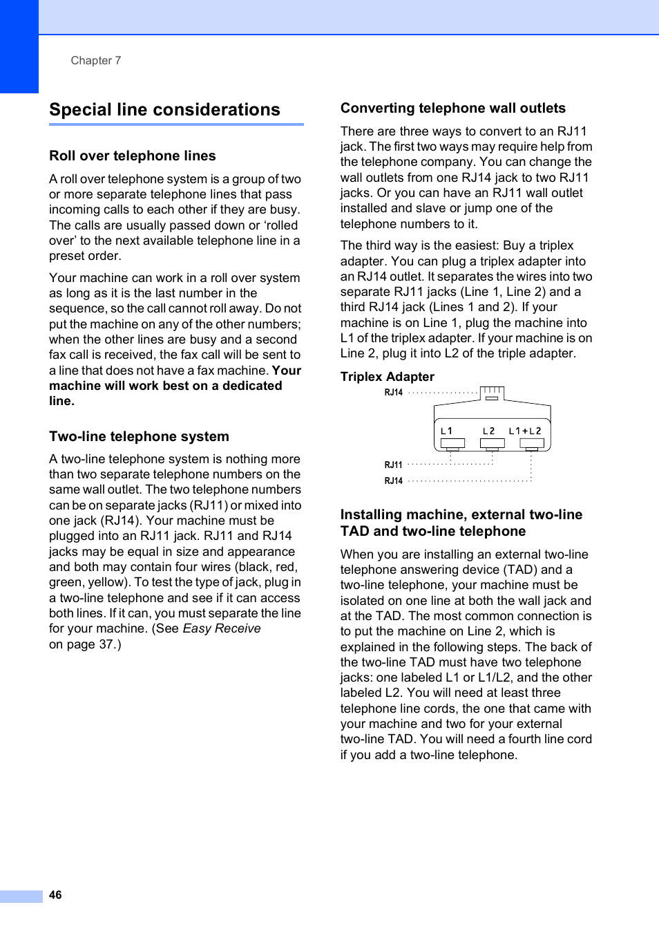 Special line considerations, Roll over telephone lines, Two-line telephone system | Converting telephone wall outlets | Brother VERSION 0 MFC-250C User Manual | Page 60 / 168