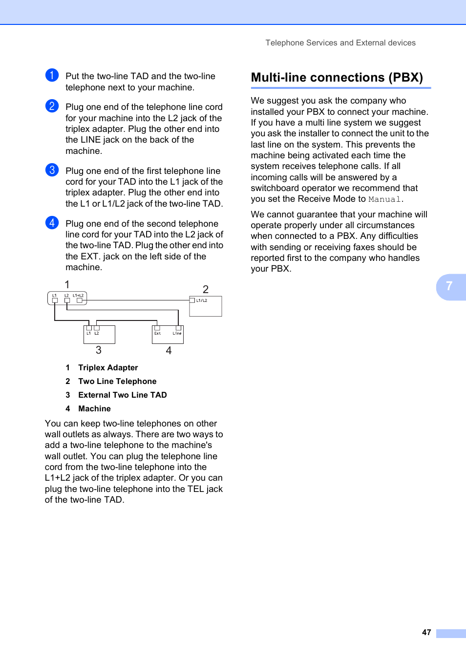 Multi-line connections (pbx) | Brother VERSION 0 MFC-250C User Manual | Page 61 / 168