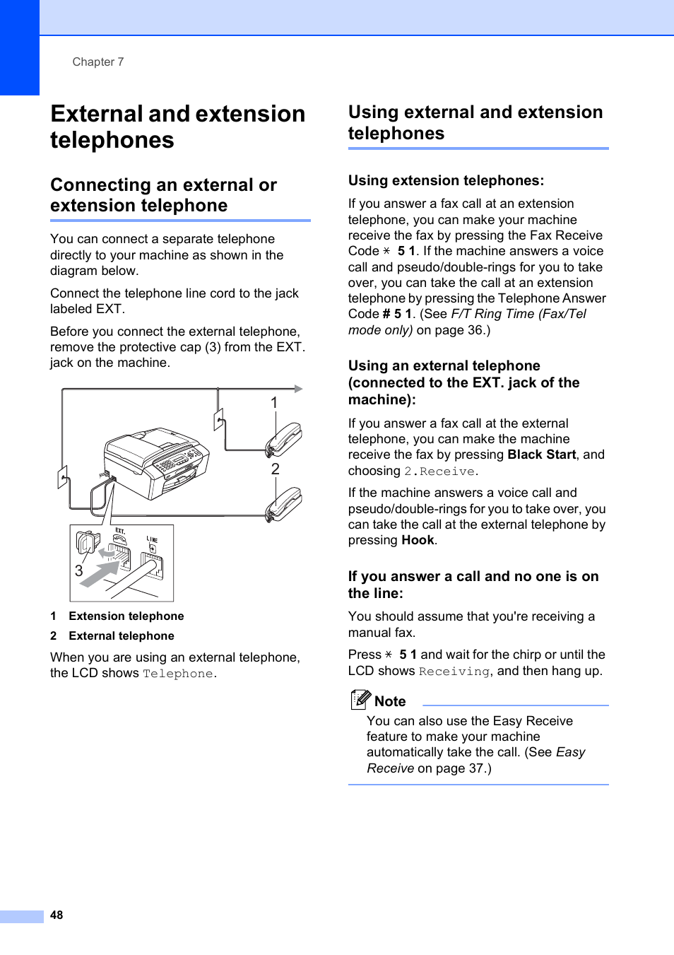 External and extension telephones, Connecting an external or extension telephone, Using external and extension telephones | Using extension telephones, If you answer a call and no one is on the line | Brother VERSION 0 MFC-250C User Manual | Page 62 / 168