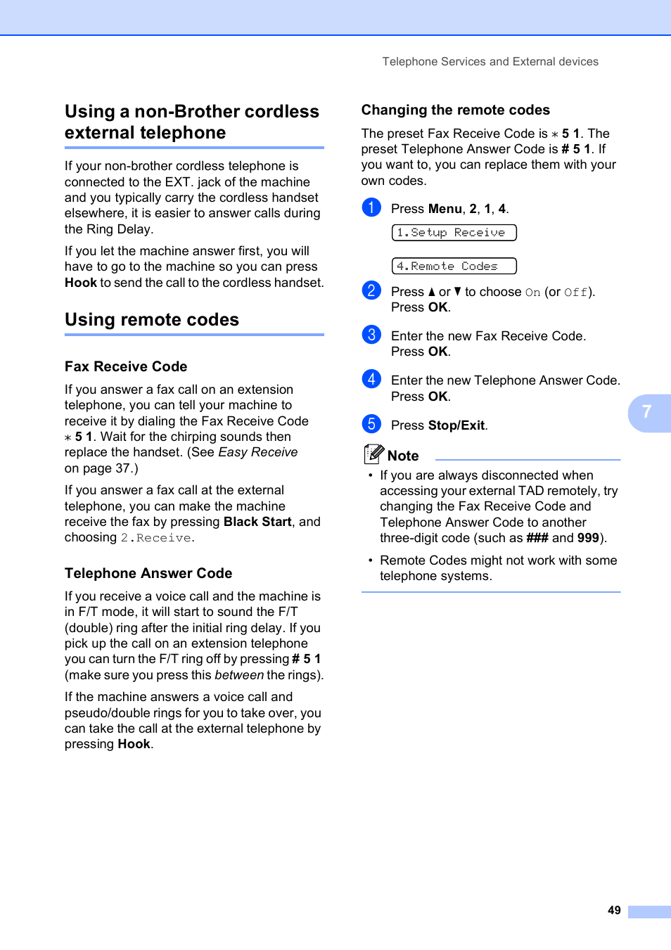 Using a non-brother cordless external telephone, Using remote codes, Fax receive code | Telephone answer code, Changing the remote codes, 7using a non-brother cordless external telephone | Brother VERSION 0 MFC-250C User Manual | Page 63 / 168