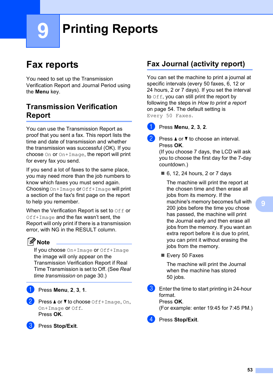 9 printing reports, Fax reports, Transmission verification report | Fax journal (activity report), Printing reports | Brother VERSION 0 MFC-250C User Manual | Page 67 / 168